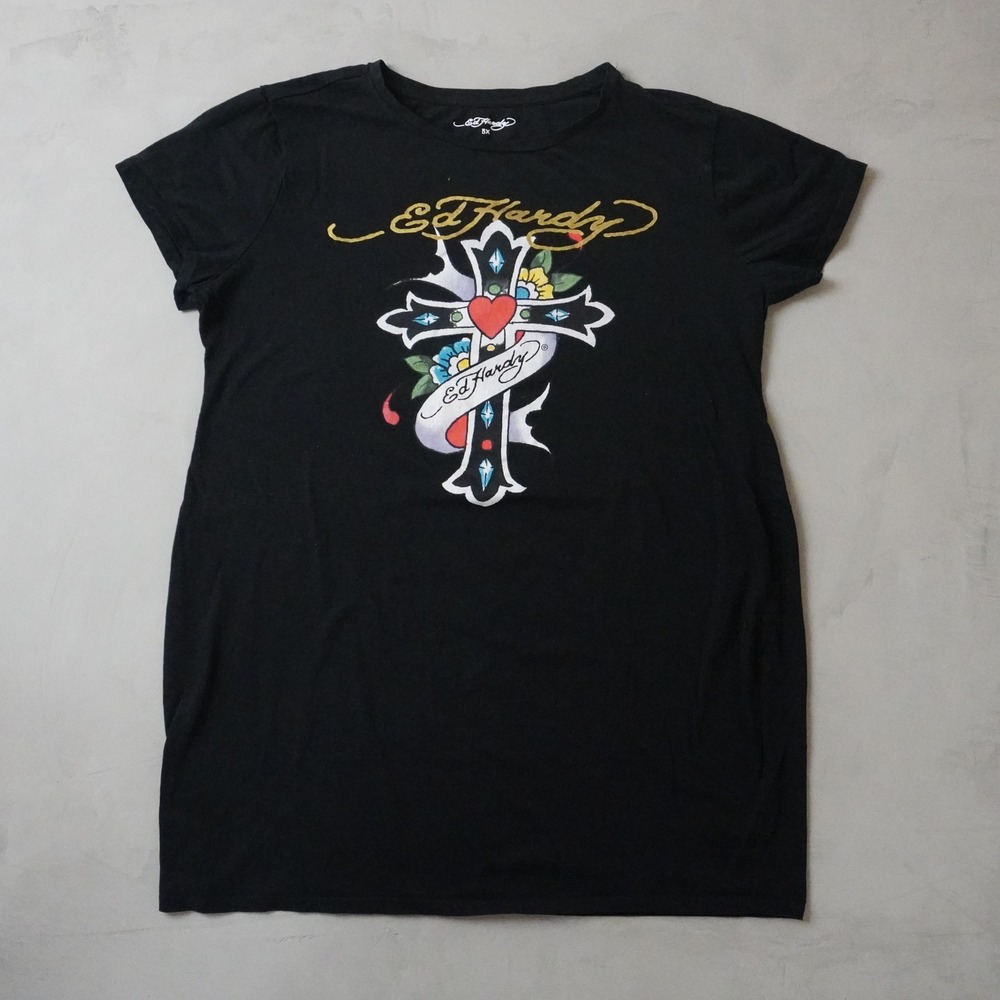 Ed Hardy Graphic T-Shirt 3X Womens Black Cross Heart Tattoo Y2K Style